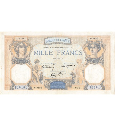 FRANCE, CÉRÈS ET MERCURE - 1000 FRANCS 22/09/1938 - TTB