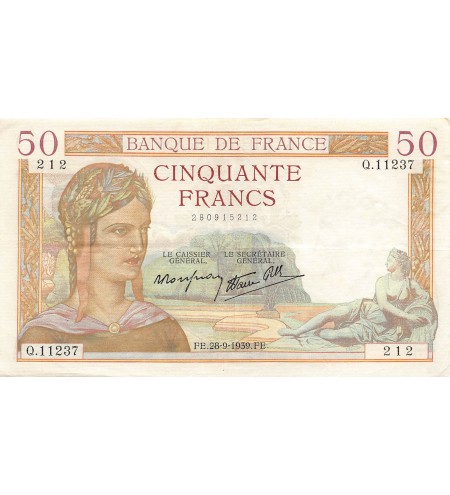 FRANCE - 50 FRANCS CERES 28/09/1939 - TTB+