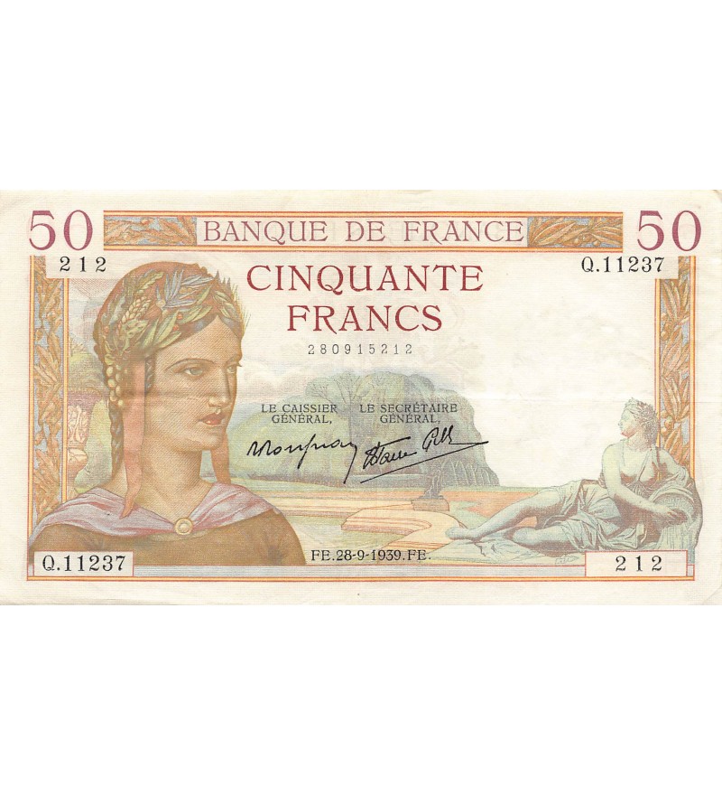 FRANCE - 50 FRANCS CERES 28/09/1939 - TTB+