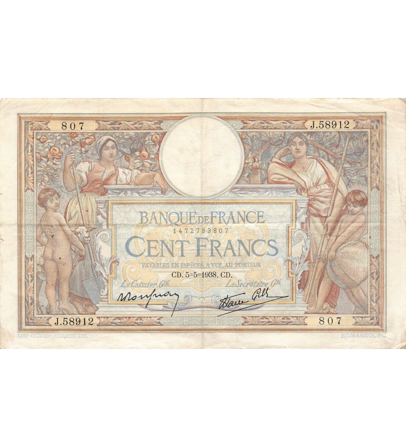 FRANCE - 100 FRANCS LUC-OLIVIER MERSON 05/05/1938 - TB+