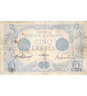 FRANCE - 5 FRANCS BLEU 12/08/1915 - TB+ 2