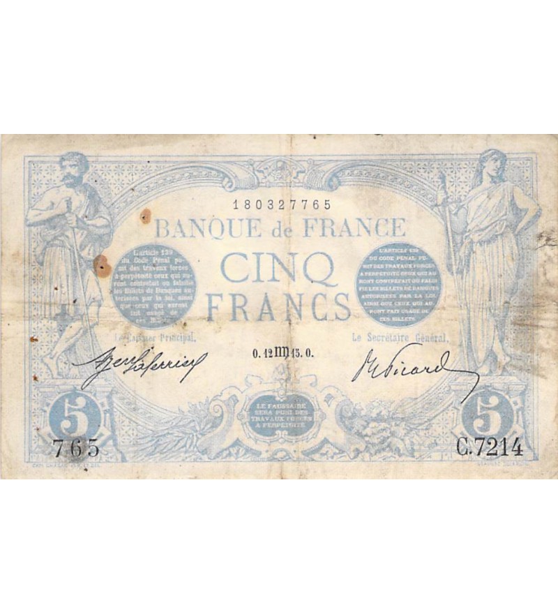 FRANCE - 5 FRANCS BLEU 12/08/1915 - TB+