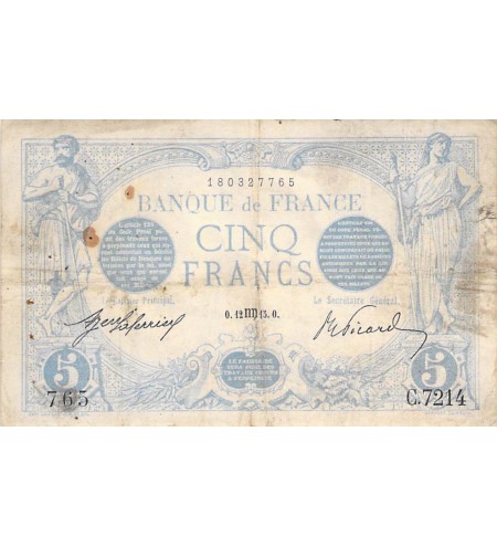 FRANCE - 5 FRANCS BLEU 12/08/1915 - TB+