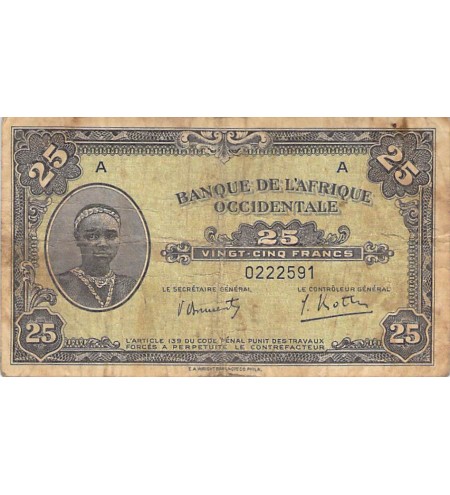 BANQUE DE L'AFRIQUE OCCIDENTALE - 25 FRANCS 14/12/1942