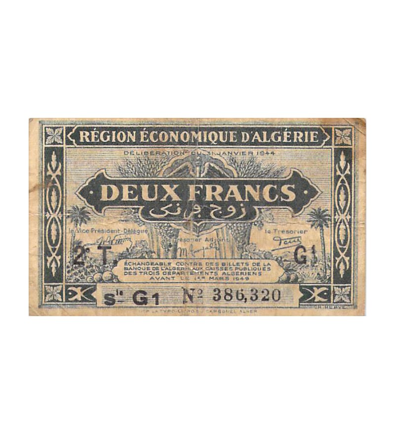 ALGERIE - 2 FRANCS 1944 2e tirage