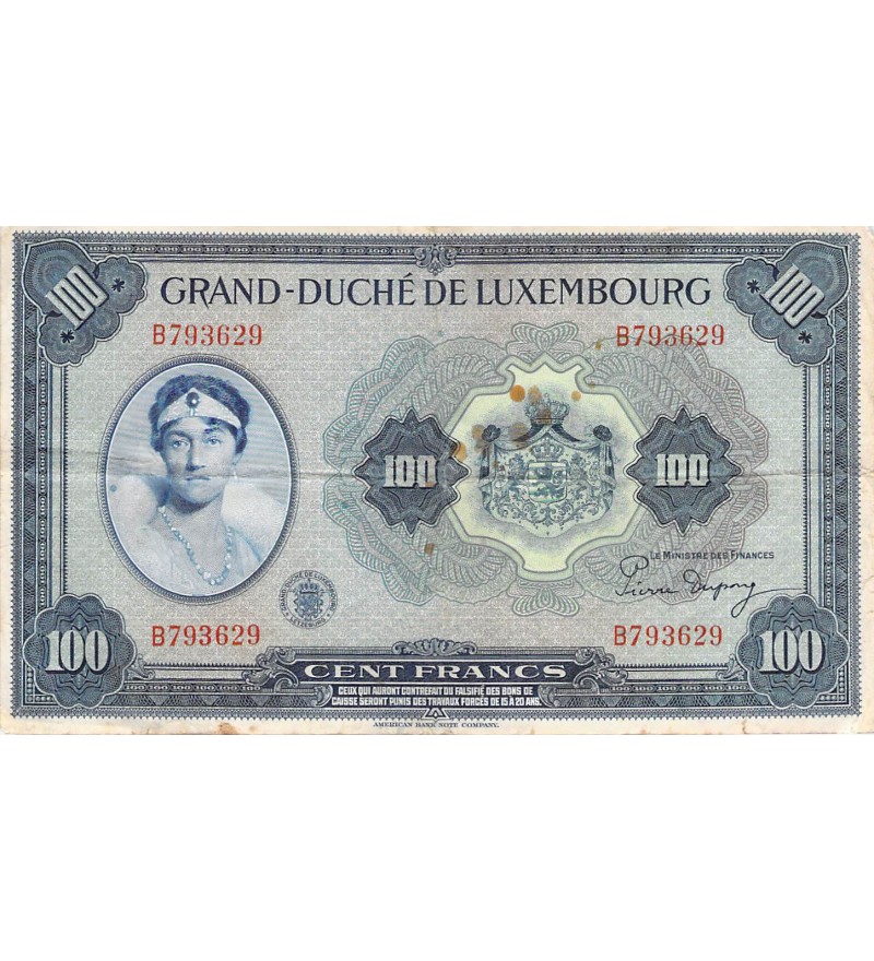 LUXEMBOURG, GRANDE-DUCHESSE CHARLOTTE - 100 FRANCS 1944