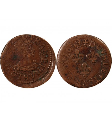 LOUIS XIII - DOUBLE TOURNOIS 1639 H LA ROCHELLE