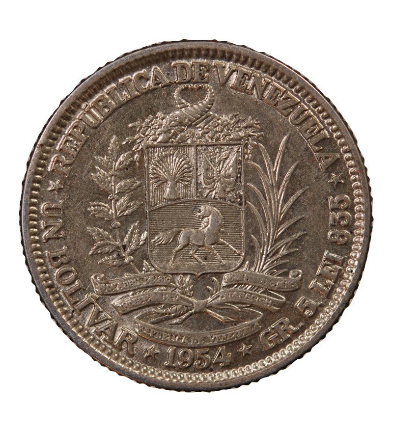 VENEZUELA, SIMON BOLIVAR - 1 BOLIVAR ARGENT 1954