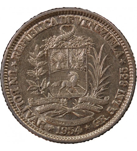 VENEZUELA, SIMON BOLIVAR - 1 BOLIVAR ARGENT 1954