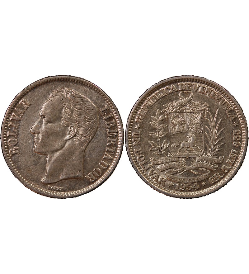 VENEZUELA, SIMON BOLIVAR - 1 BOLIVAR ARGENT 1954