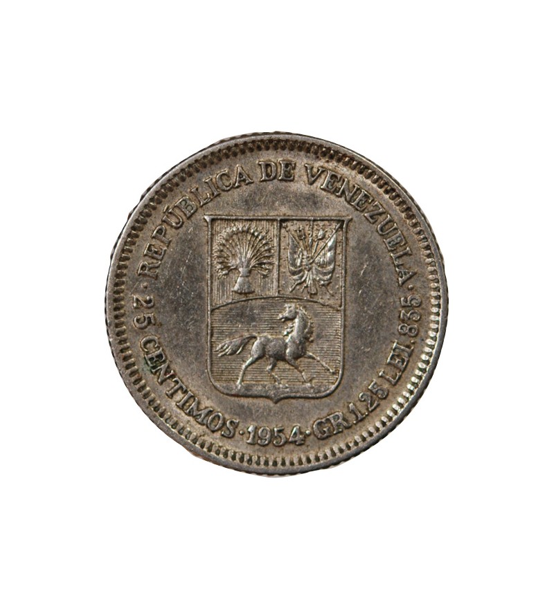 VENEZUELA, SIMON BOLIVAR - 25 CENTIMOS ARGENT 1954