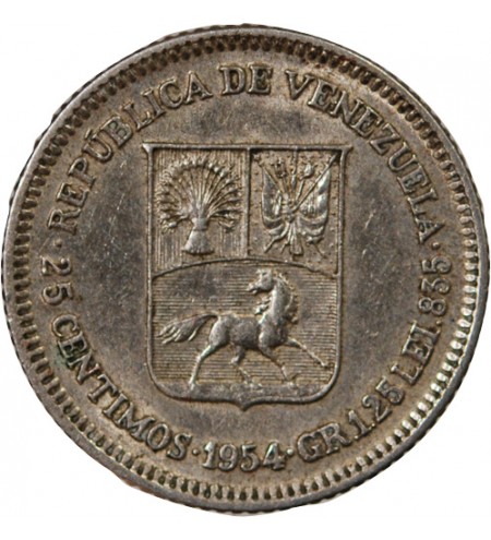 VENEZUELA, SIMON BOLIVAR - 25 CENTIMOS ARGENT 1954