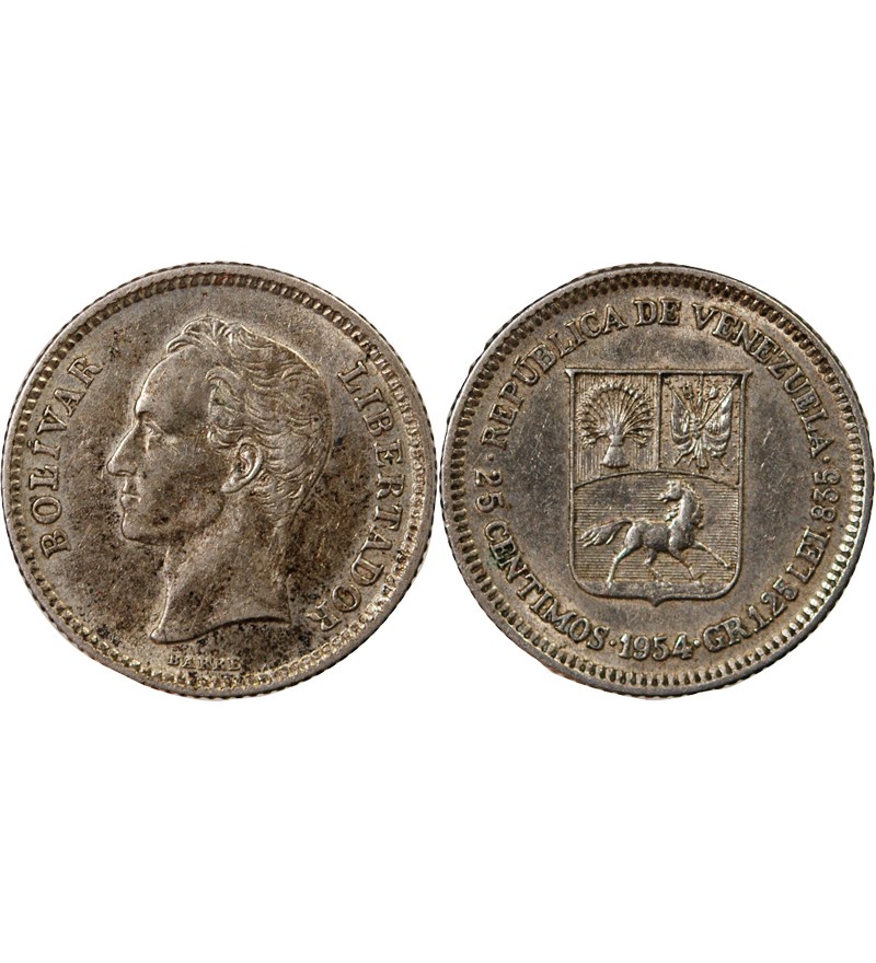 VENEZUELA, SIMON BOLIVAR - 25 CENTIMOS ARGENT 1954