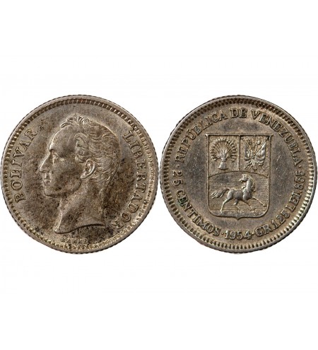 VENEZUELA, SIMON BOLIVAR - 25 CENTIMOS ARGENT 1954