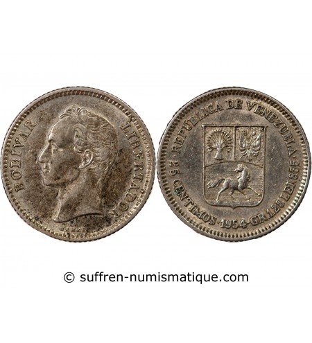 VENEZUELA, SIMON BOLIVAR - 25 CENTIMOS ARGENT 1954