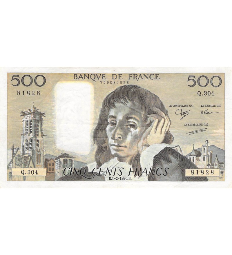 FRANCE, PASCAL - 500 FRANCS 01/02/1990 - SÉRIE Q.304 - TTB