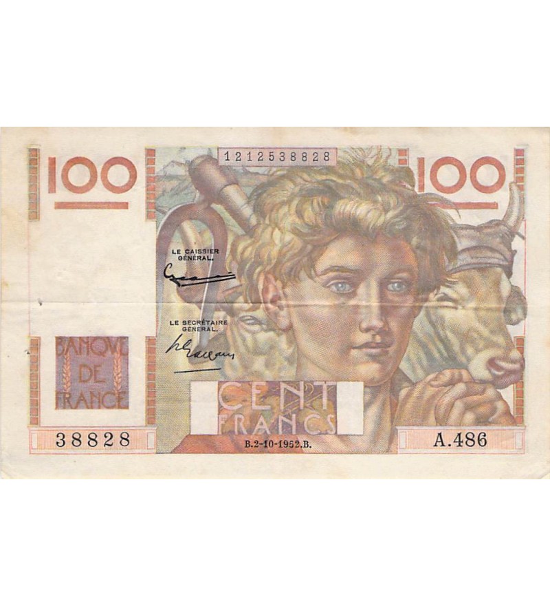 FRANCE, JEUNE PAYSAN - 100 FRANCS 02/10/1952 - SÉRIE A.486 - TTB