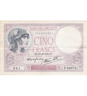 FRANCE - 5 FRANCS VIOLET 19/10/1939 - TTB 2