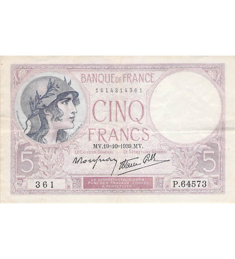 FRANCE - 5 FRANCS VIOLET 19/10/1939 - TTB