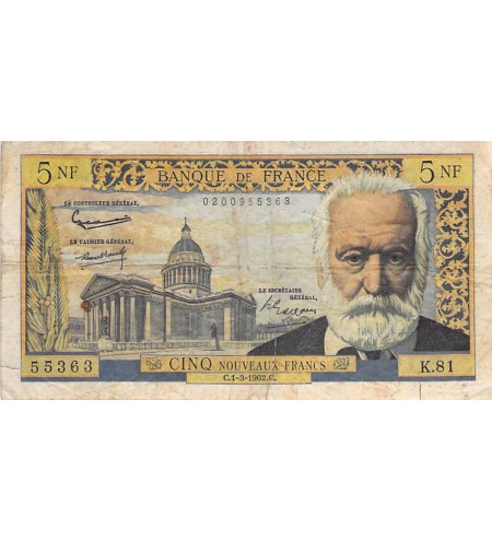FRANCE, VICTOR HUGO - 5 NF 01/03/1962 - SERIE K.81 - TB