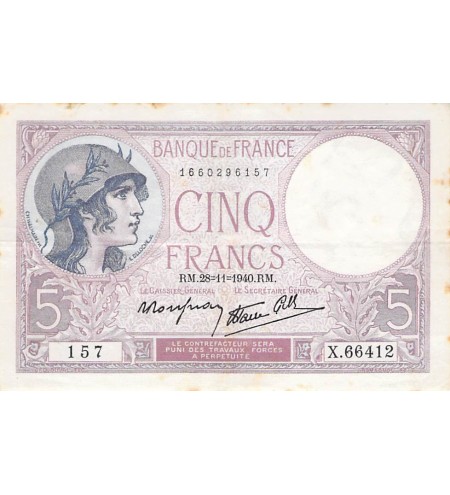FRANCE - 5 FRANCS VIOLET 28/11/1940 - TTB