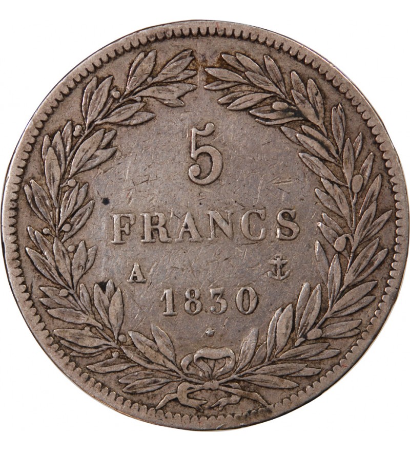 LOUIS PHILIPPE﻿ - 5 FRANCS 1830 A PARIS "Tiolier sans le I, Tr relief", RARE