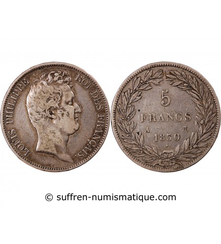 LOUIS PHILIPPE﻿ - 5 FRANCS 1830 A PARIS "Tiolier sans le I, Tr relief", RARE