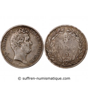LOUIS PHILIPPE - 5 FRANCS 1831 H LA ROCHELLE "Tranche en creux"