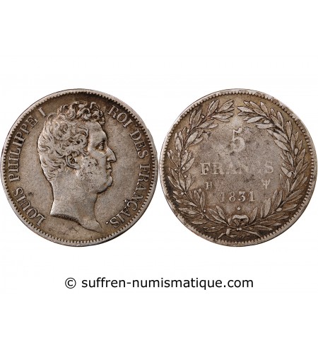 LOUIS PHILIPPE - 5 FRANCS 1831 H LA ROCHELLE "Tranche en creux"