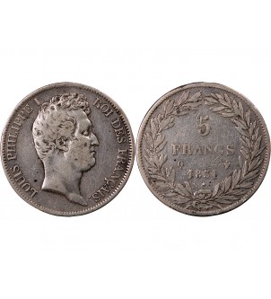LOUIS PHILIPPE - 5 FRANCS 1831 Q PERPIGNAN "Tranche en creux" 2