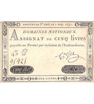 ASSIGNAT, LOUIS XVI - 5 LIVRES - 01/11/1791 - SÉRIE 43 C