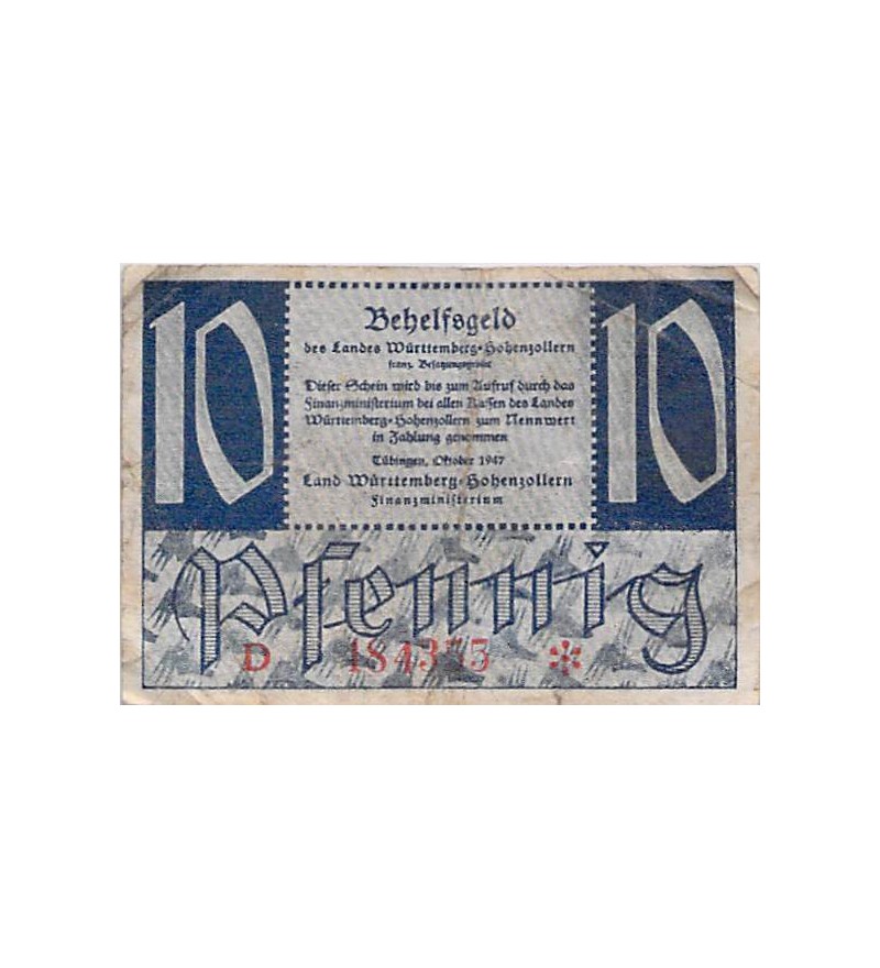 ALLEMAGNE, WURTEMBERG-HOHENZOLLERN - 10 PFENNIG 1947 TÜBINGEN