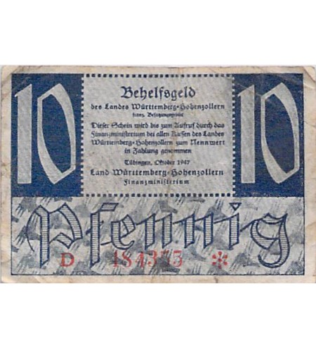 ALLEMAGNE, WURTEMBERG-HOHENZOLLERN - 10 PFENNIG 1947 TÜBINGEN