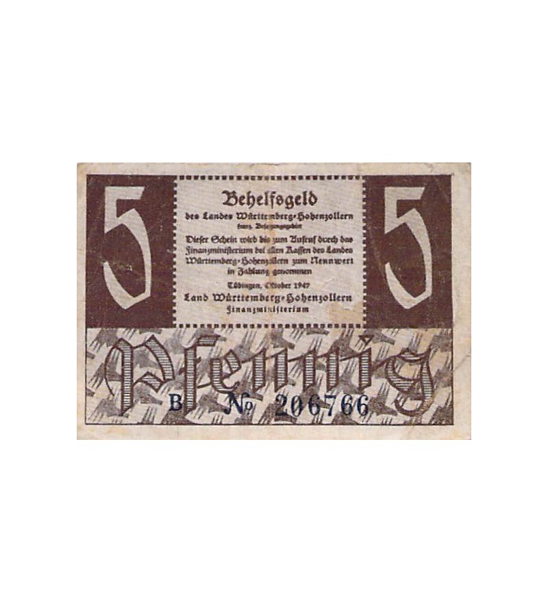 ALLEMAGNE, WURTEMBERG-HOHENZOLLERN - 5 PFENNIG 1947 TÜBINGEN