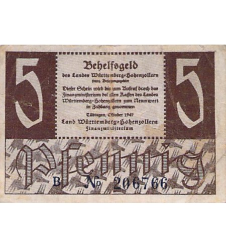 ALLEMAGNE, WURTEMBERG-HOHENZOLLERN - 5 PFENNIG 1947 TÜBINGEN