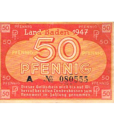 ALLEMAGNE, BADE, OCCUPATION FRANCAISE - 50 PFENNIG 1947