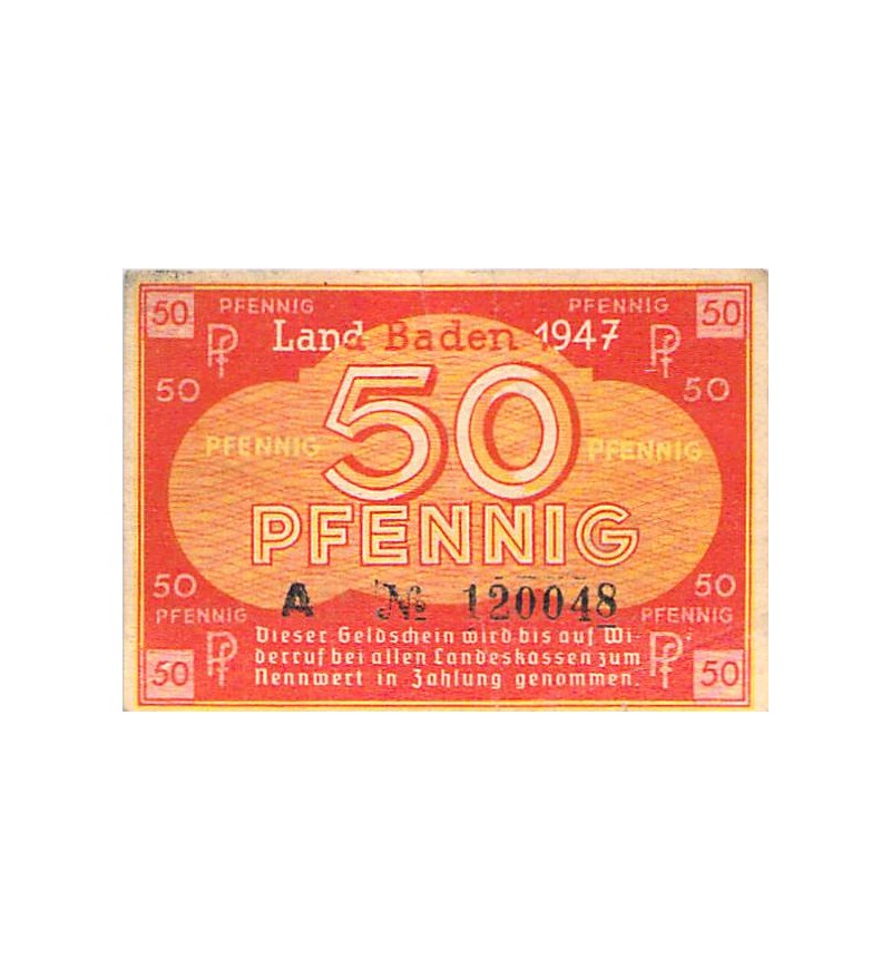ALLEMAGNE, BADE, OCCUPATION FRANCAISE - 50 PFENNIG 1947