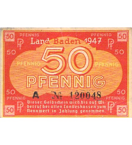 ALLEMAGNE, BADE, OCCUPATION FRANCAISE - 50 PFENNIG 1947