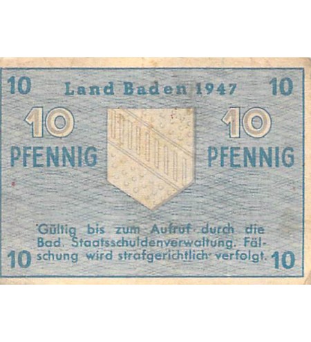 ALLEMAGNE, BADE, OCCUPATION FRANCAISE - 10 PFENNIG 1947