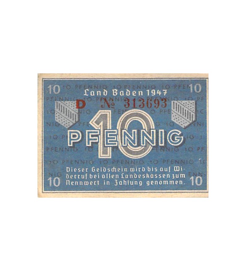 ALLEMAGNE, BADE, OCCUPATION FRANCAISE - 10 PFENNIG 1947