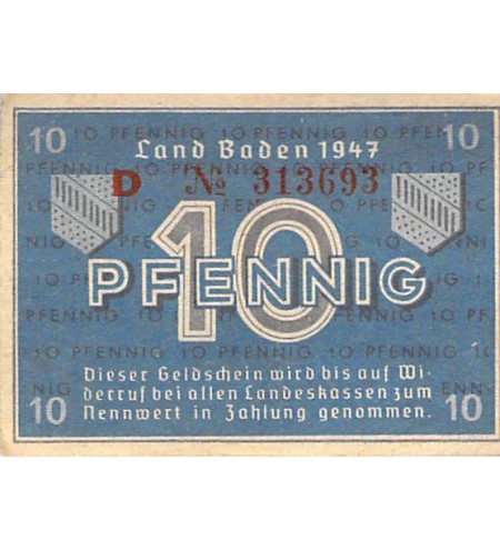 ALLEMAGNE, BADE, OCCUPATION FRANCAISE - 10 PFENNIG 1947
