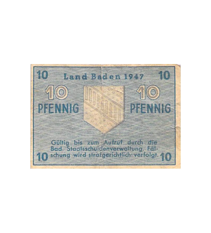 ALLEMAGNE, BADE, OCCUPATION FRANCAISE - 10 PFENNIG 1947