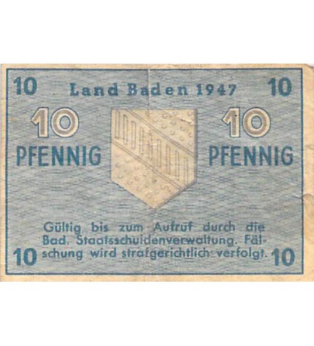 ALLEMAGNE, BADE, OCCUPATION FRANCAISE - 10 PFENNIG 1947