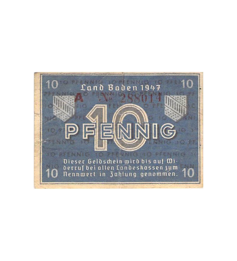 ALLEMAGNE, BADE, OCCUPATION FRANCAISE - 10 PFENNIG 1947