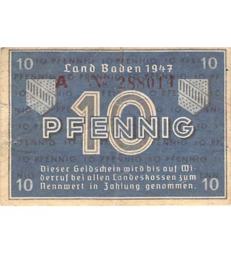 ALLEMAGNE, BADE, OCCUPATION FRANCAISE - 10 PFENNIG 1947