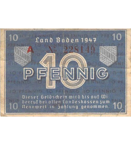 ALLEMAGNE, BADE, OCCUPATION FRANCAISE - 10 PFENNIG 1947
