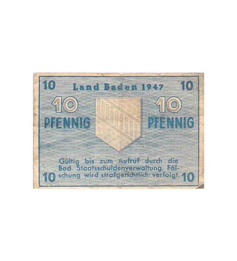 ALLEMAGNE, BADE, OCCUPATION FRANCAISE - 10 PFENNIG 1947