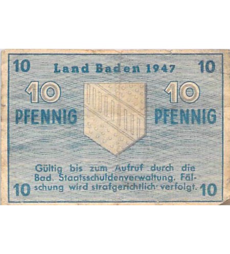 ALLEMAGNE, BADE, OCCUPATION FRANCAISE - 10 PFENNIG 1947