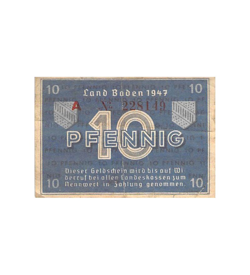ALLEMAGNE, BADE, OCCUPATION FRANCAISE - 10 PFENNIG 1947