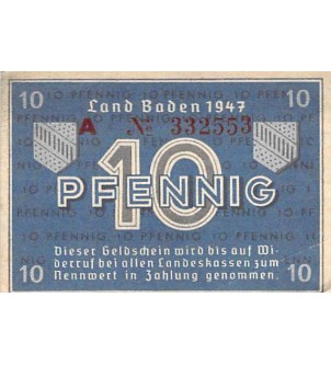 ALLEMAGNE, BADE, OCCUPATION FRANCAISE - 10 PFENNIG 1947